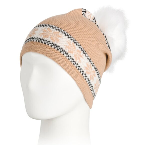 NEW Hannah Rose Merino Wool Snowflake Hat with Faux Pom Pom Camel 267mn - Picture 1 of 5